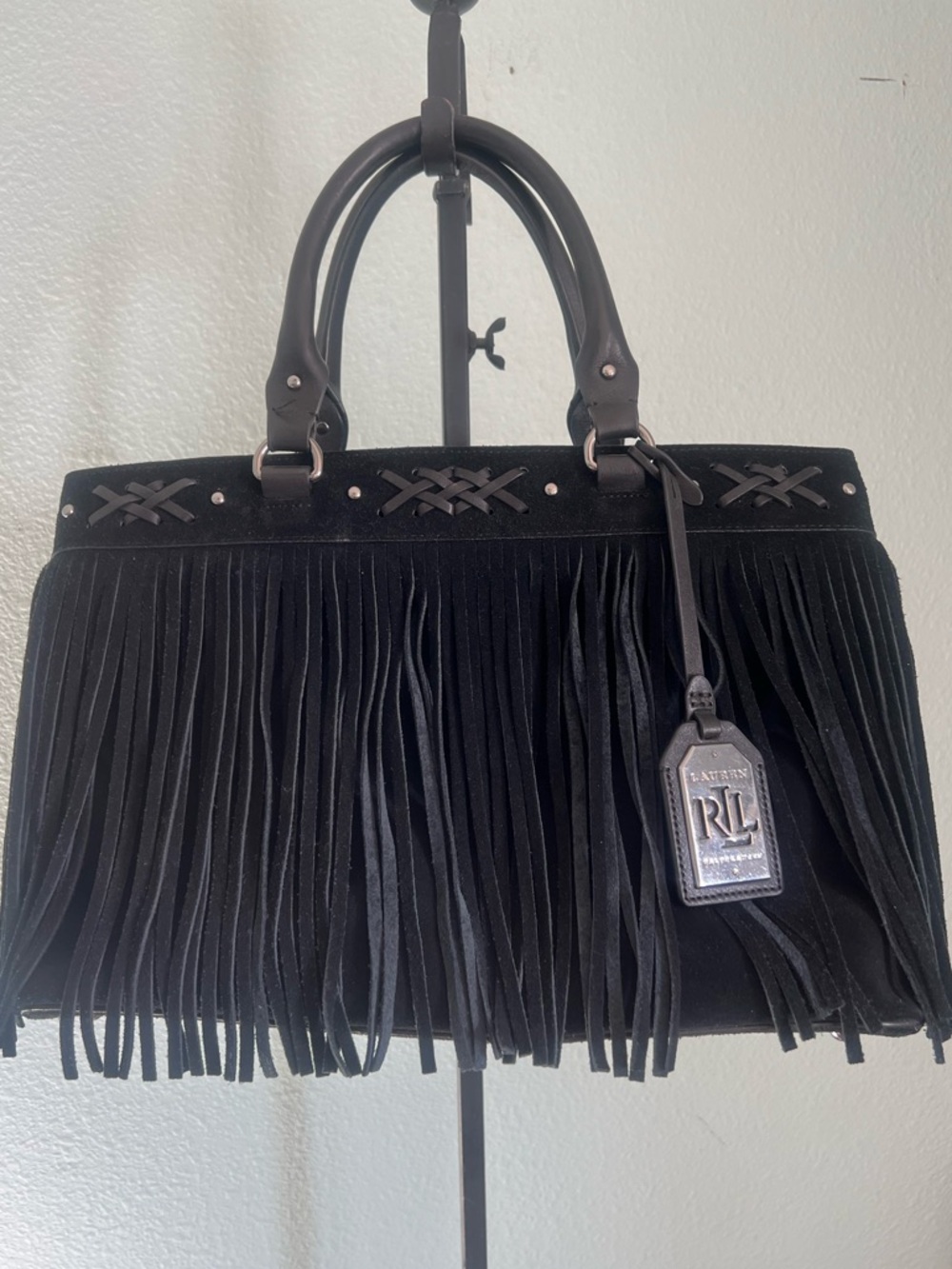 Lauren Ralph Lauren Barton Emery Black Suede Fringe Satchel Tote Western Boho